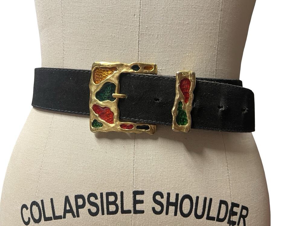 Vtg The Limited Black Suede Wide Waist Statement Belt Gold Enamel Buckle Italy M